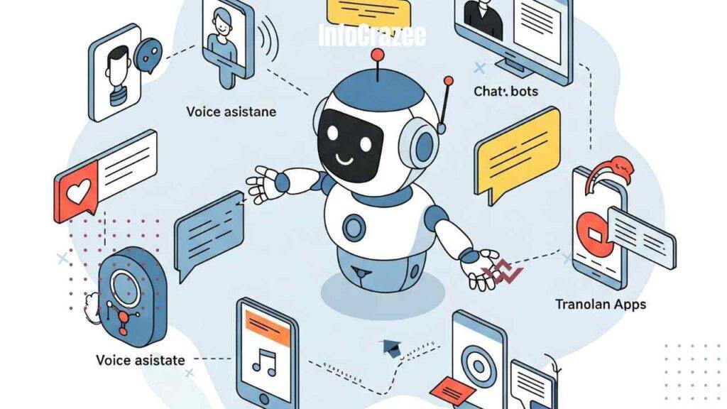 A simple visual explaining Natural Language Processing (NLP) as the part of AI that helps computers understand human language, with relatable examples like Alexa, Google Assistant, chatbots, grammar checkers, translation apps, and spam filters. Designed in a friendly and colorful style to make tech feel easy and approachable.