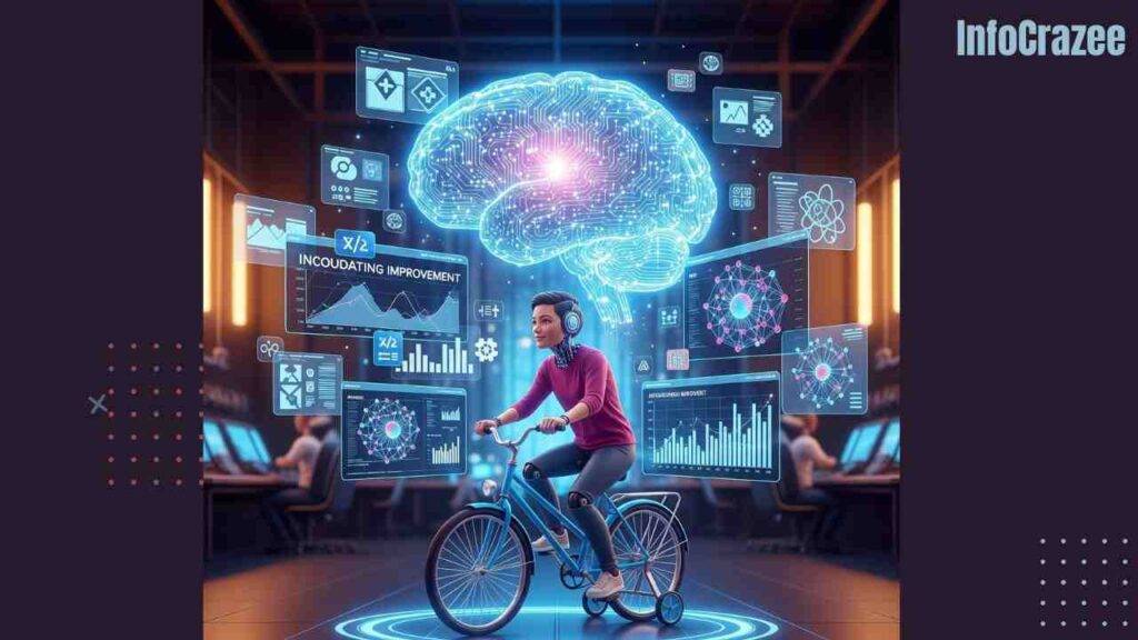 A stylized digital brain with circuits, surrounded by floating icons, with a humanoid AI riding a bicycle with training wheels in the center.