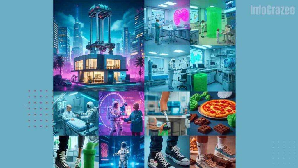 A futuristic scene showcases diverse applications of 3D printing: a house being constructed, custom prosthetics, astronauts with printers, and 3D-printed food and shoes.