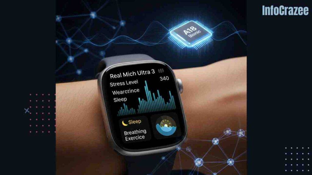 An Apple Watch Ultra 3 on a wrist displays mental health data, including heart rate variability, stress levels, and a breathing exercise, with a glowing A18 Bionic chip hologram in the background.