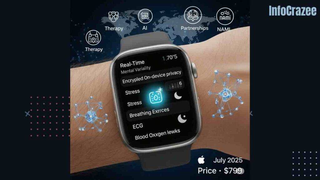 An Apple Watch Ultra 3 on a wrist displays health data, including heart rate, stress, and sleep, with icons for therapy, AI, and NAMI in the background, showing a launch date of July 2025 and a price of $799.