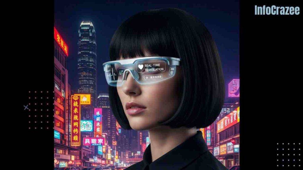 A person wears futuristic smart glasses that display a heart rate monitor and real-time translation over a cityscape.