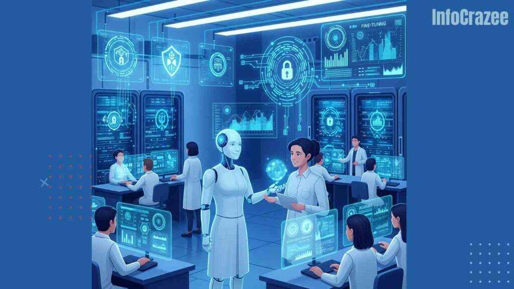 A humanoid AI stands with scientists and engineers in a futuristic lab, shaking a human's hand.