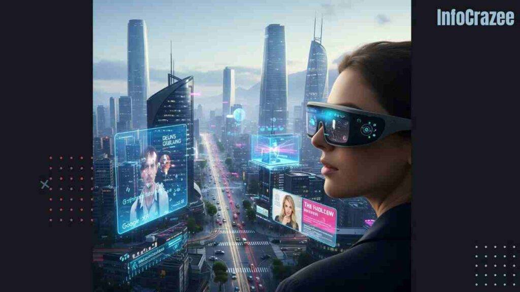 A person wearing Google's Android XR Glasses is looking at a futuristic cityscape with augmented reality overlays. Do you need any further assistance