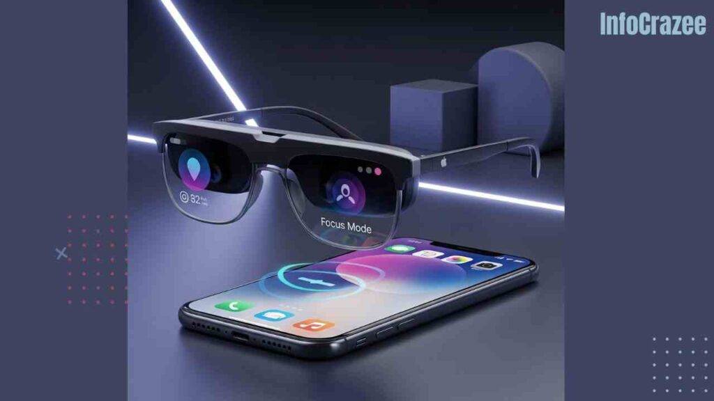 A pair of sleek, futuristic Apple smart glasses with glowing lenses is displayed alongside an iPhone on a minimalist background, highlighting seamless synchronization and Focus mode integration.