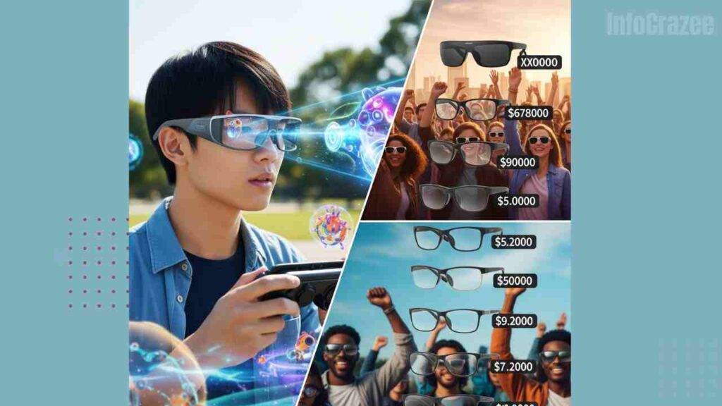 A split-screen image shows a person playing an AR game with smart glasses on one side, and various smart glasses models with decreasing prices and happy users on the other.