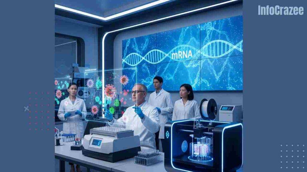 Scientists in a high-tech lab are developing a vaccine, with AI holograms, a 3D printer, and digital displays showing mRNA strands.