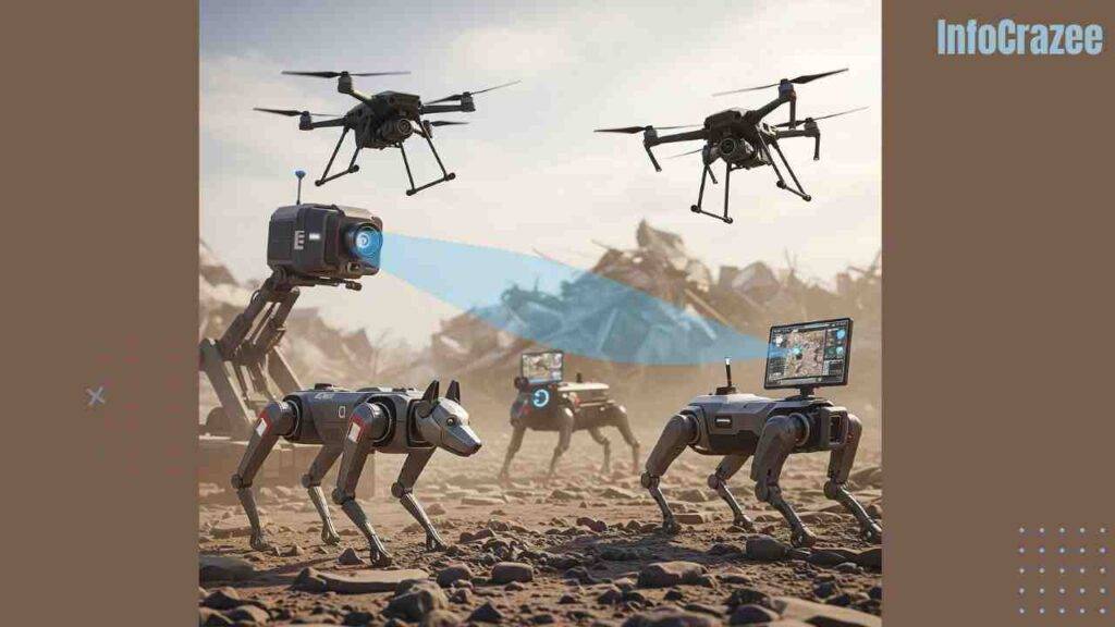 An advanced robotic dog with heat sensors and a drone scan a dusty, rubble-filled earthquake disaster zone.