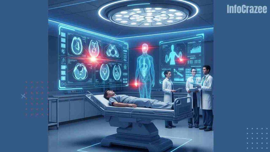 An AI-powered diagnostic system is at work in a futuristic hospital, showing glowing medical scans and an AI hologram highlighting early signs of disease to doctors and a relieved patient.