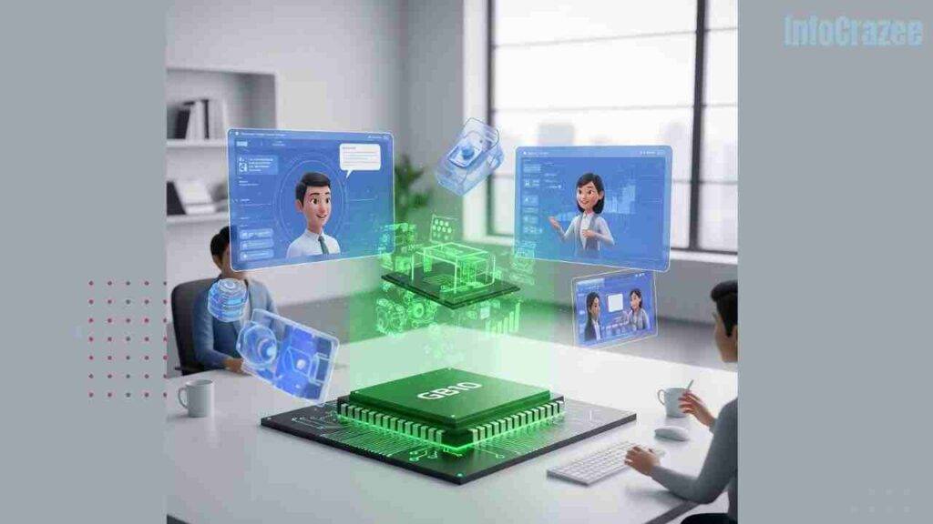 A compact GB10 Superchip glows with green light in a sleek workspace, powering a personal AI supercomputer with floating holographic 3D models and a digital avatar interacting with users.