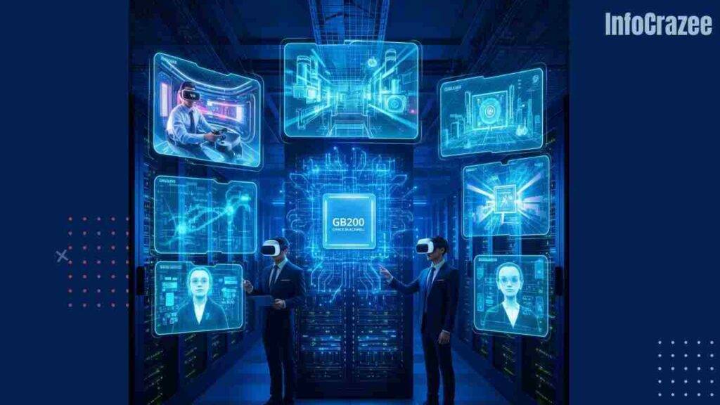 A high-tech server room glows with blue and green lights, showcasing the GB200 Grace Blackwell Superchip, surrounded by holographic displays of VR gaming, digital twins, and virtual worlds, with AI avatars interacting with engineers wearing AR headsets.