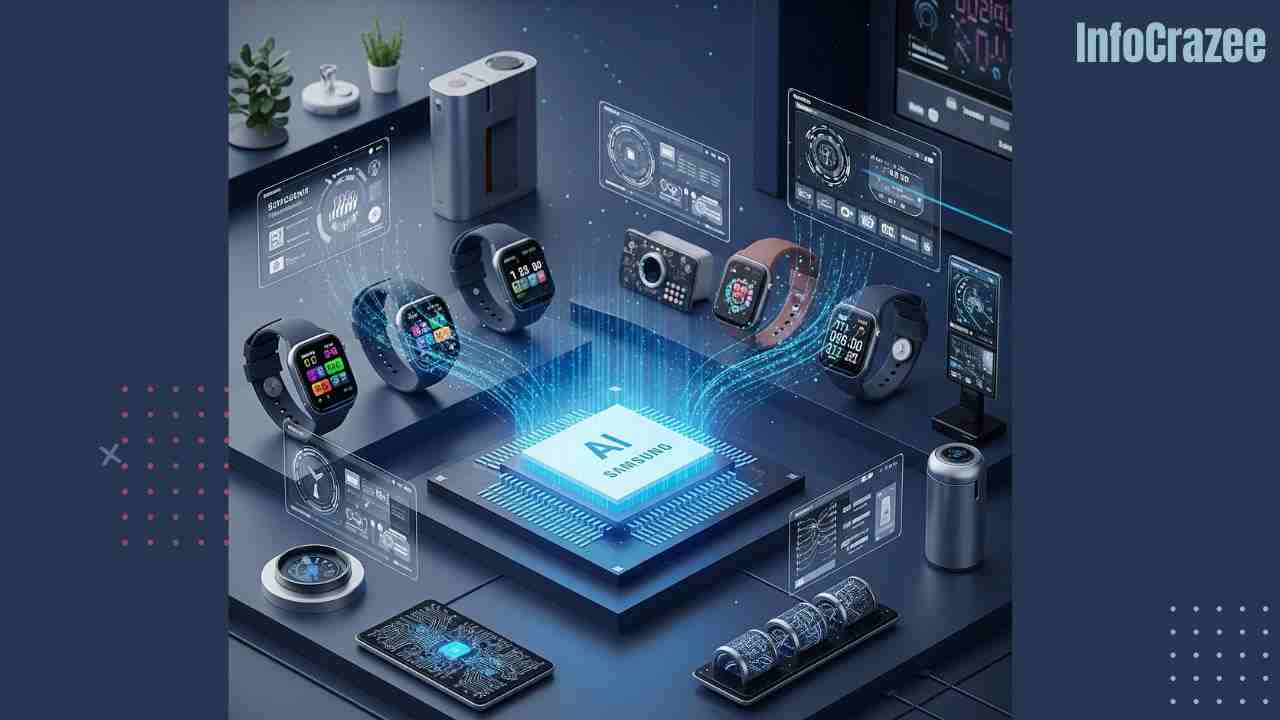A sleek, futuristic tech showcase scene featuring a glowing Samsung AI processor chip displayed on a digital pedestal, surrounded by interconnected IoT devices like smartwatches, sensors, and home gadgets. Holographic data flows between the chip and devices, symbolizing edge computing. The environment is modern, high-tech, and clean, with a blue-toned Samsung aesthetic and digital UI elements hovering in the air
