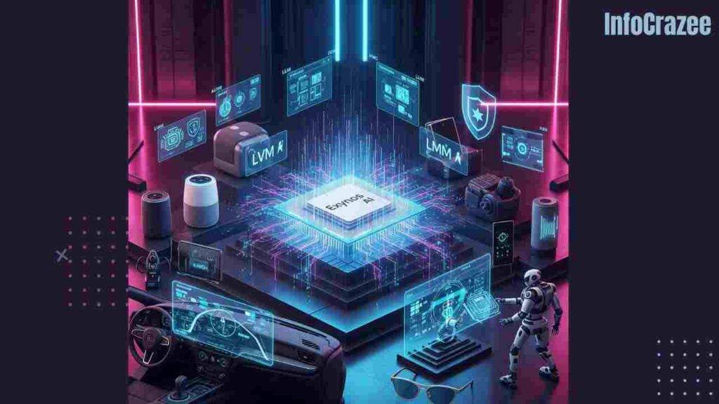 A futuristic Samsung AI processor on a digital pedestal, surrounded by connected IoT devices with holographic data streams.