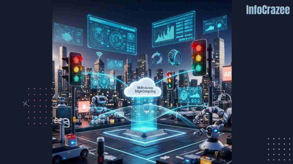 A futuristic cityscape showcasing a hyperconnected IoT ecosystem powered by Samsung's AI processor.