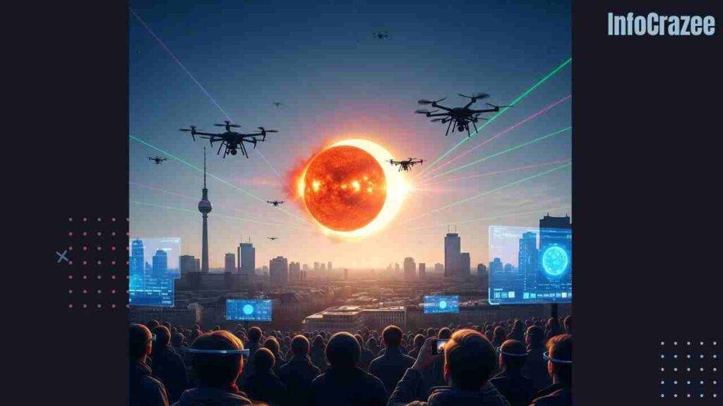 A futuristic European cityscape at twilight, with an engineered solar eclipse created by high-altitude drones.