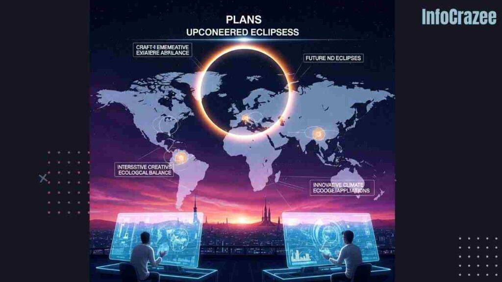 A future scene with a digital map projected in the sky showing engineered eclipse plans, with scientists and artists collaborating below.