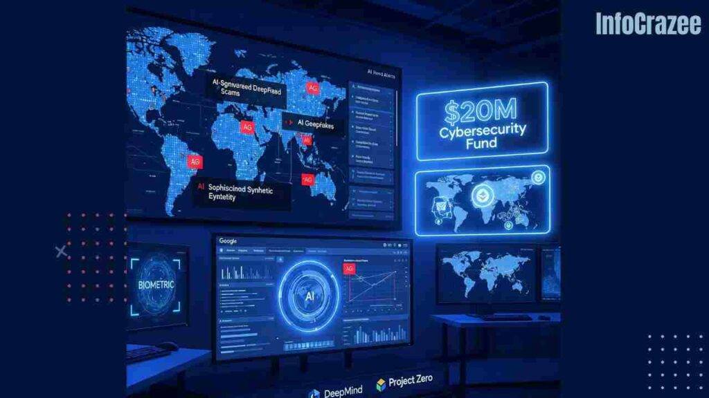 Here's a short description of the image: A high-tech cybersecurity war room with a large screen displaying global threat detection in real time, highlighting AI-generated scams.