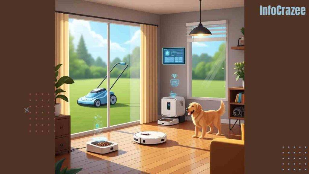 A robotic pet feeder dispenses food to a happy dog in a modern home.
