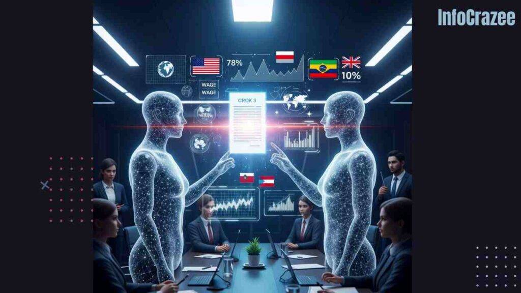 A sleek, advanced AI avatar and a glitching, weaker AI avatar negotiate at a futuristic table, surrounded by holographic global symbols and watched by concerned humans.