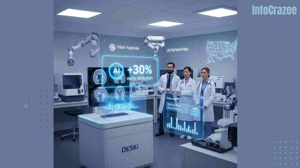 A futuristic medical lab with a DESKi-branded AI diagnostic system analyzing scans, showing glowing cancer detection metrics and reduced false positives. Doctors observe, with subtle branding for Irish/UK hospitals and a faint U.S. map in the background.