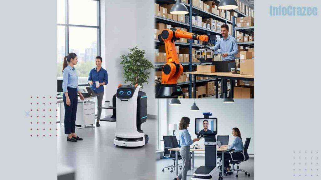 A diverse group of humans and robots collaborate in a modern office, with a delivery robot, a robotic arm, and a telepresence robot assisting employees.