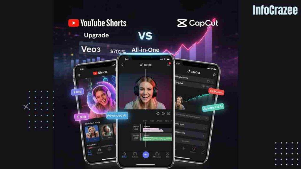 "Comparison of YouTube Shorts with Veo 3, TikTok, and CapCut interfaces."