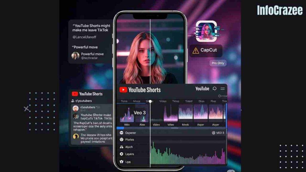 Here's a short alt text for the image: "Comparison of YouTube Shorts, Veo 3 upgrade, TikTok, and CapCut."