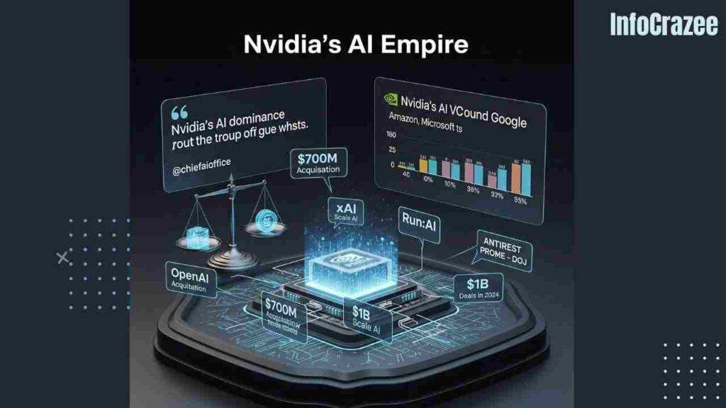 A futuristic command center shows Nvidia's AI Empire with a glowing Nvidia GPU at the core, surrounded by holographic nodes of top startup investments (OpenAI, xAI, Scale AI, Run:ai) with funding amounts. A digital balance scale symbolizes Innovation vs. Antitrust Probe – DOJ, with a floating quote from @chiefaioffice and a chart comparing Nvidia to other tech giants in the background.