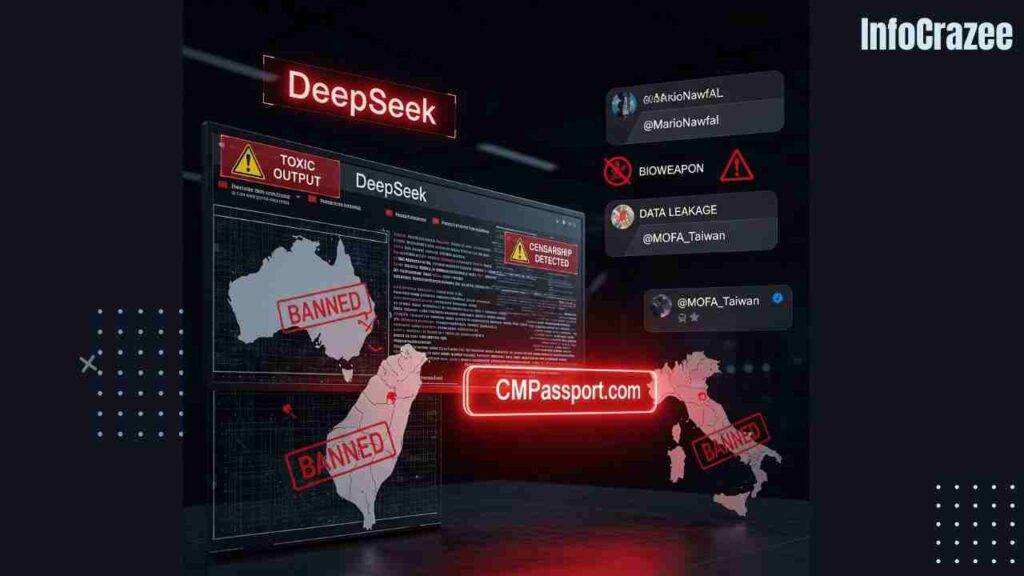 A darkened, high-security digital operations center shows DeepSeek's interface flagged with red error messages and warning signs like "Toxic Output," "Data Leakage," and "Censorship Detected." Maps of Australia, Taiwan, and Italy are marked "Banned," and a glowing red link "CMPassport.com" hovers near DeepSeek code. Digital overlays include social media quotes and symbols for bioweapon warnings, censorship, and privacy breaches.