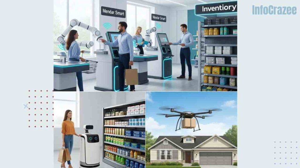 A delivery drone lands at a suburban doorstep, while a robotic arm assists a customer at a self-checkout kiosk in a futuristic retail store.