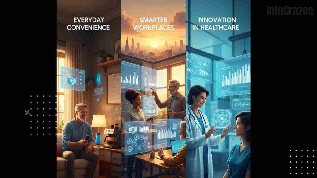 A vibrant, uplifting three-section image showing AI in everyday convenience, smart workplaces, and healthcare innovation, with a sunrise over a tech city in the background.