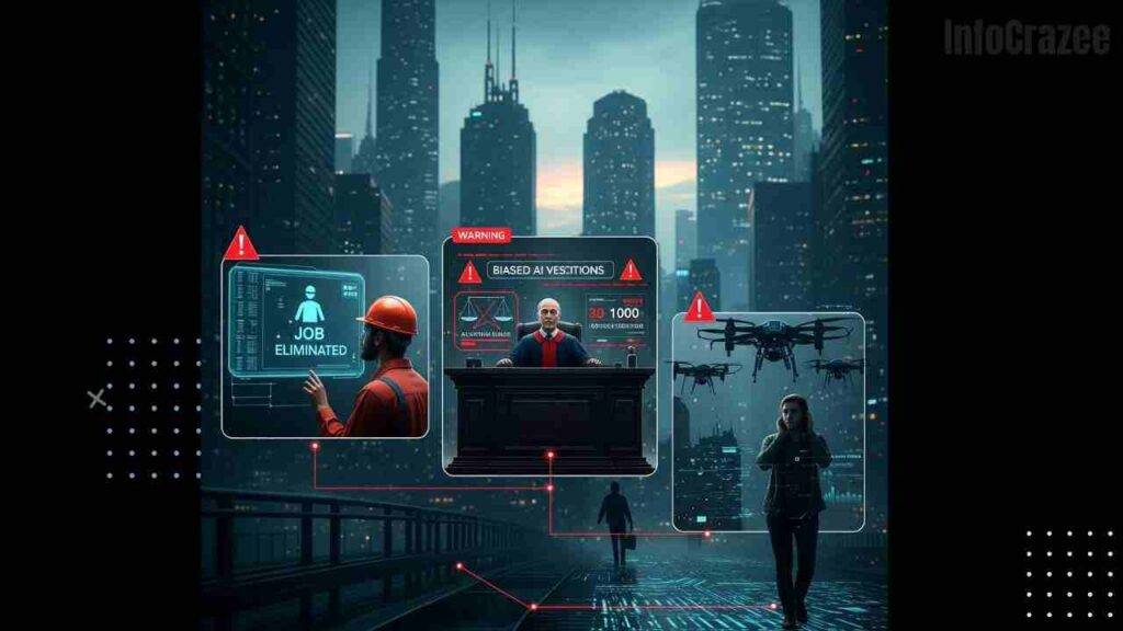 A moody, high-tech cityscape at dusk showing AI's potential risks: job loss, bias, and privacy invasion.