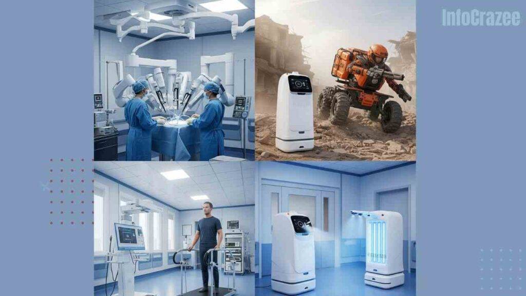 A doctor performs surgery assisted by a robotic arm, while a robot helps a patient walk in a hospital, and a UV-disinfection robot cleans a hallway.