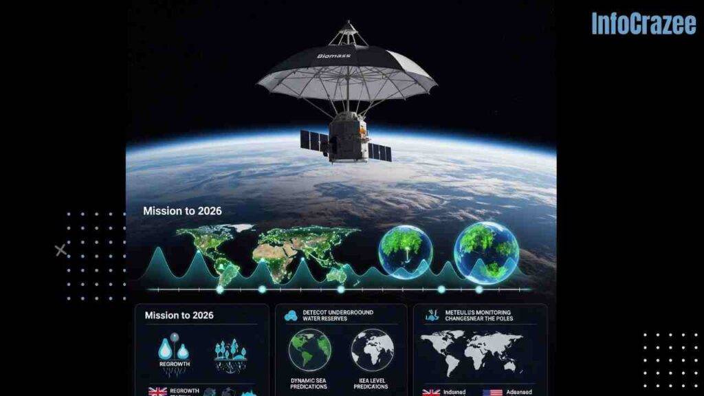 A high-tech satellite, resembling a large umbrella, floats above Earth, with animated projections of glowing forest maps and data panels for various environmental missions.