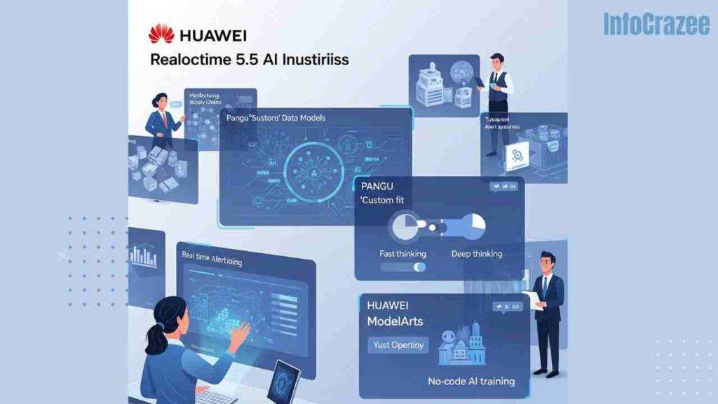 A bustling business environment showcases Huawei's Pangu 5.5 AI transforming various industries, with a factory owner viewing a real-time alert system and holographic dashboards displaying AI features.