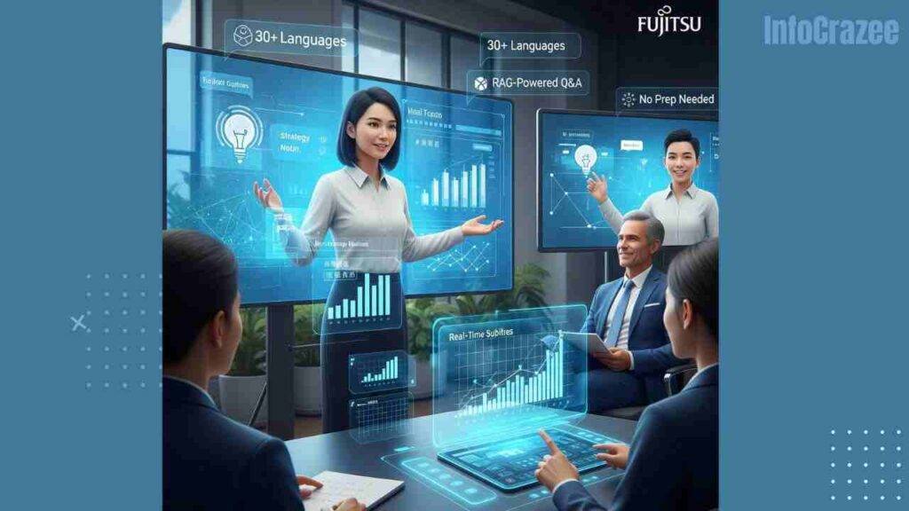 A modern workplace scene shows an AI avatar presenting to an international team on holographic screens, with language features and a human manager nearby.