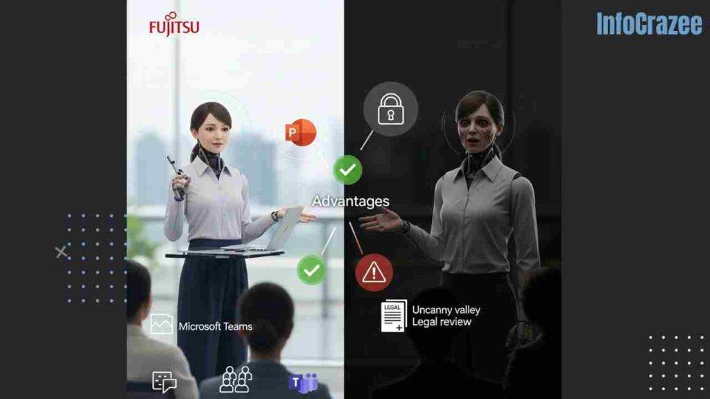 A split image shows the promise of AI avatars in workplace presentations on the left, with an avatar giving a multilingual presentation, and the pitfalls on the right, with an "uncanny valley" avatar, data privacy risks, and legal concerns.