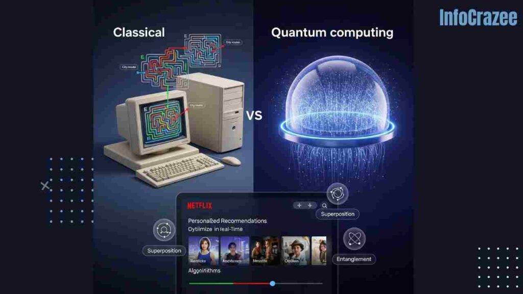 A glowing quantum computer, with colorful qubits and entangled threads, stands in a futuristic lab where a student and scientist observe a digital chalkboard displaying quantum concepts.