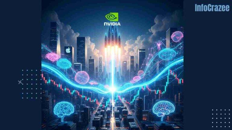 **Image Prompt:** A dramatic financial landscape with a futuristic stock market skyline. At the center, a massive glowing Nvidia logo rises like a rocket above charts showing surging stock values. Waves of AI data—neural networks, glowing circuits, and digital brains—flow upward, symbolizing the “AI wave.” Competing tech giants like Apple and Microsoft appear as smaller skyscrapers in the background. The scene is bold, high-energy, and symbolizes Nvidia’s return to the top as the world’s most valuable company.
