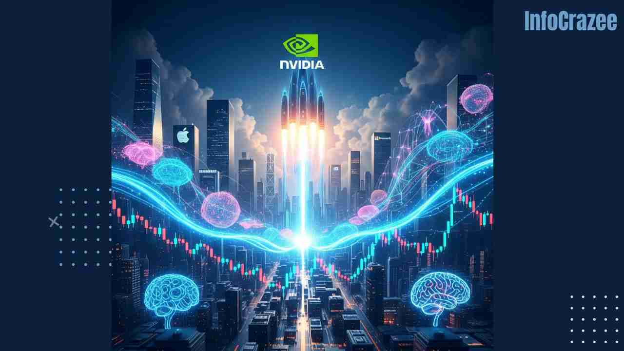 **Image Prompt:** A dramatic financial landscape with a futuristic stock market skyline. At the center, a massive glowing Nvidia logo rises like a rocket above charts showing surging stock values. Waves of AI data—neural networks, glowing circuits, and digital brains—flow upward, symbolizing the “AI wave.” Competing tech giants like Apple and Microsoft appear as smaller skyscrapers in the background. The scene is bold, high-energy, and symbolizes Nvidia’s return to the top as the world’s most valuable company.
