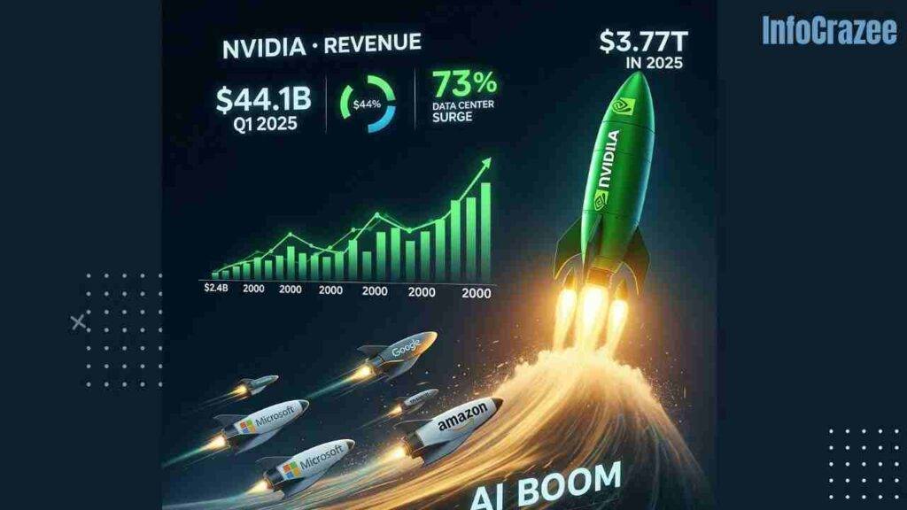 A vibrant image showing a green rocket ship labeled "Nvidia" soaring upwards on a golden "AI Boom" wave, with smaller rockets representing Microsoft, Google, and Amazon trailing behind. In the background, charts display glowing neon text: "$44.1B Q1 2025" and "73% Data Center Surge," along with a timeline showing Nvidia's revenue growth from "$2.4B in 2000" to "$3.77T in 2025."
