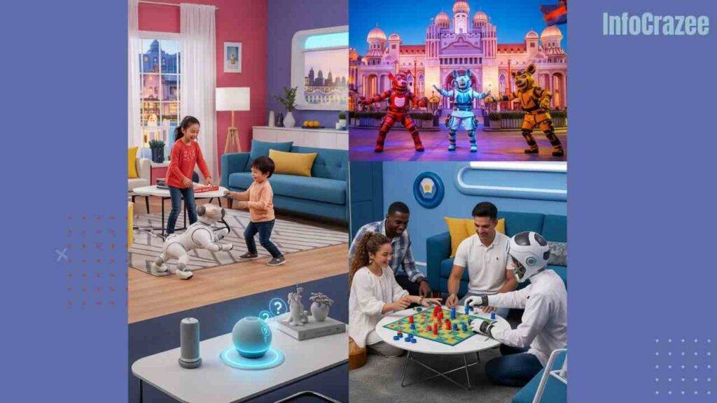 A child plays with a robot dog, friends play a board game with a robotic game master, and robotic animatronics perform in a blended living room and theme park scene.