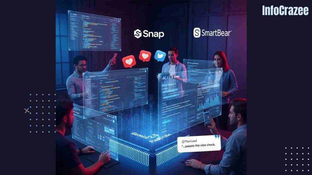 A high-tech workspace shows developers interacting with glowing holographic interfaces powered by Gemini 2.5 Flash-Lite, with data streaming rapidly across transparent screens. Social media icons and a quote from @flavioAd are visible, along with subtle Snap and SmartBear logos, coding dashboards, e-learning tools, and online shopping interfaces.