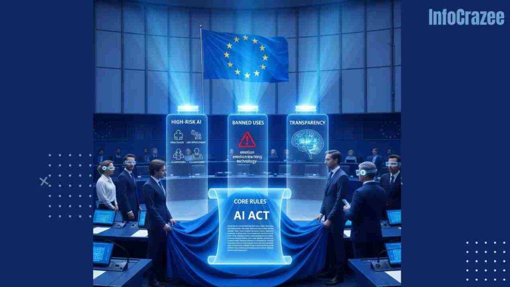 A split courtroom shows the US Capitol on one side with "Innovation First" banners and gears, and the European Parliament on the other with "Safety & Ethics First" above cautious AI frameworks. An AI brain is examined by European experts holding scrolls, while American developers present innovations. A headline reads "Europe Isn't the U.S." The tone is serious and policy-focused.
