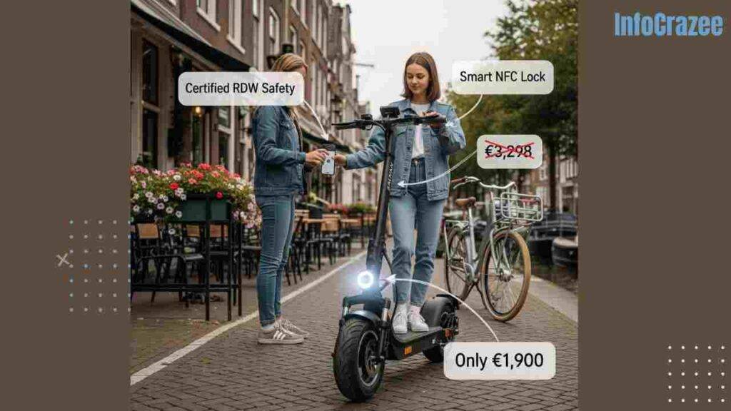 A futuristic Selana Alpha e-scooter, priced at €1,900, is ridden by two people on a modern Dutch street with canals and brick buildings. Digital signs announce its legality, Dutch flags wave, and a QR code hovers for registration.