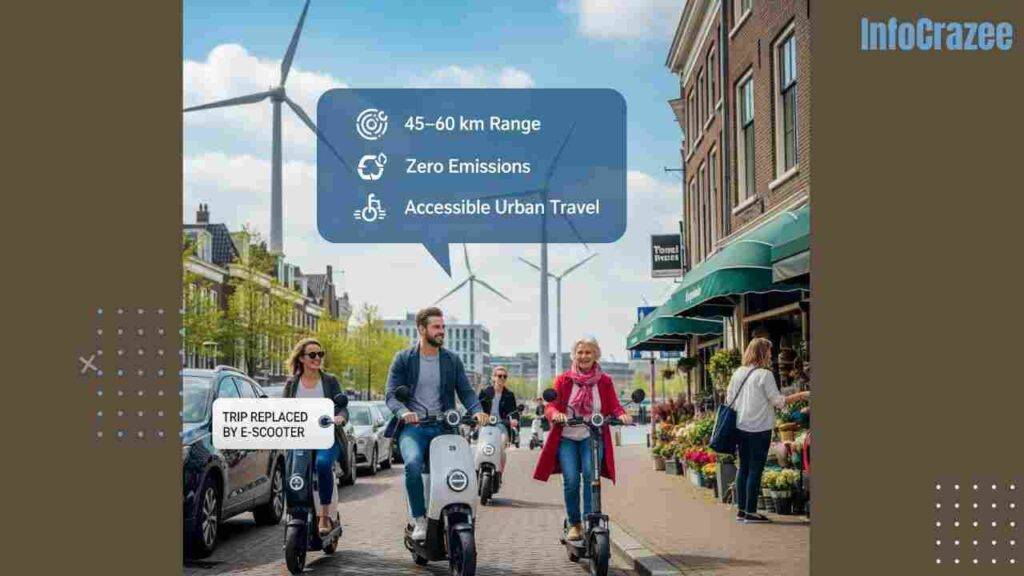 A diverse group rides Selana Alpha e-scooters through a sunny Dutch city, featuring canals and wind turbines. A professional, an elderly woman, and others represent varied commuters. Overlays highlight a 45-60 km range, zero emissions, and accessible urban travel. A "Trip Replaced by E-Scooter" tag on a parked car emphasizes a greener future. The scene is optimistic, clean, and inclusive.