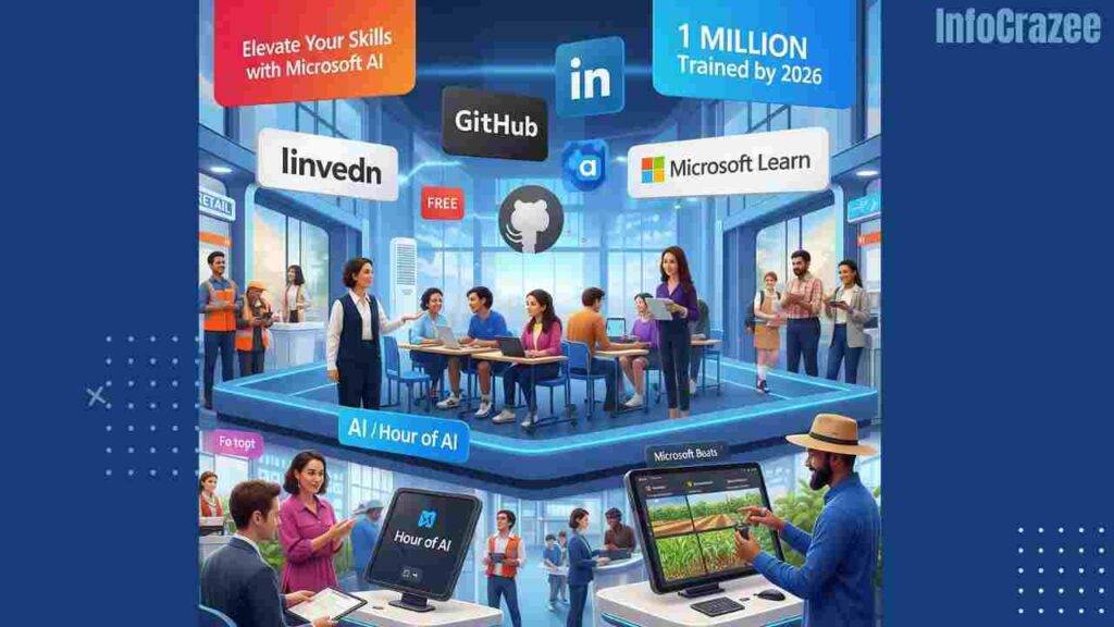 A futuristic Microsoft digital campus where diverse people learn AI skills. The scene features logos for LinkedIn, GitHub, and Microsoft Learn, with banners promoting the "Elevate Your Skills" initiative and a goal to train "1 Million" people.