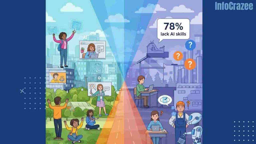 An illustrated split scene shows the promise of Microsoft's AI skills plan on one side with diverse learners in urban settings, and the challenges on the other, depicting a rural worker with poor internet, a student lacking devices, and a factory worker concerned about robots. The image includes the statistic "78% lack AI skills."