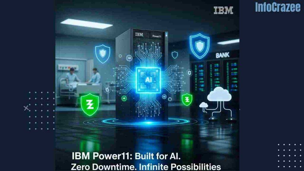 A glowing IBM Power11 server in a futuristic tech environment with digital shields, green energy icons, and AI circuits, subtly showcasing real-world applications in a hospital, bank, and cloud infrastructure, with the text "IBM Power11: Built for AI. Zero Downtime. Infinite Possibilities."