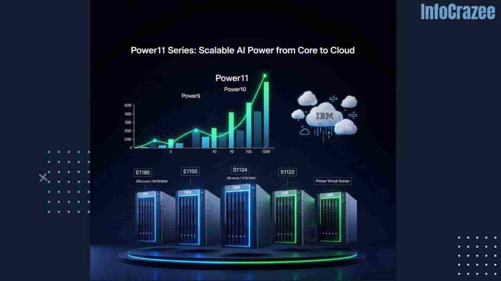 A futuristic display of five IBM Power11 servers (E1180, E1150, S1124, S1122, and Power Virtual Server) with blue and green neon lights, showing specifications and a performance comparison graph, alongside cloud graphics for the Virtual Server, with the caption "Power11 Series: Scalable AI Power from Core to Cloud."